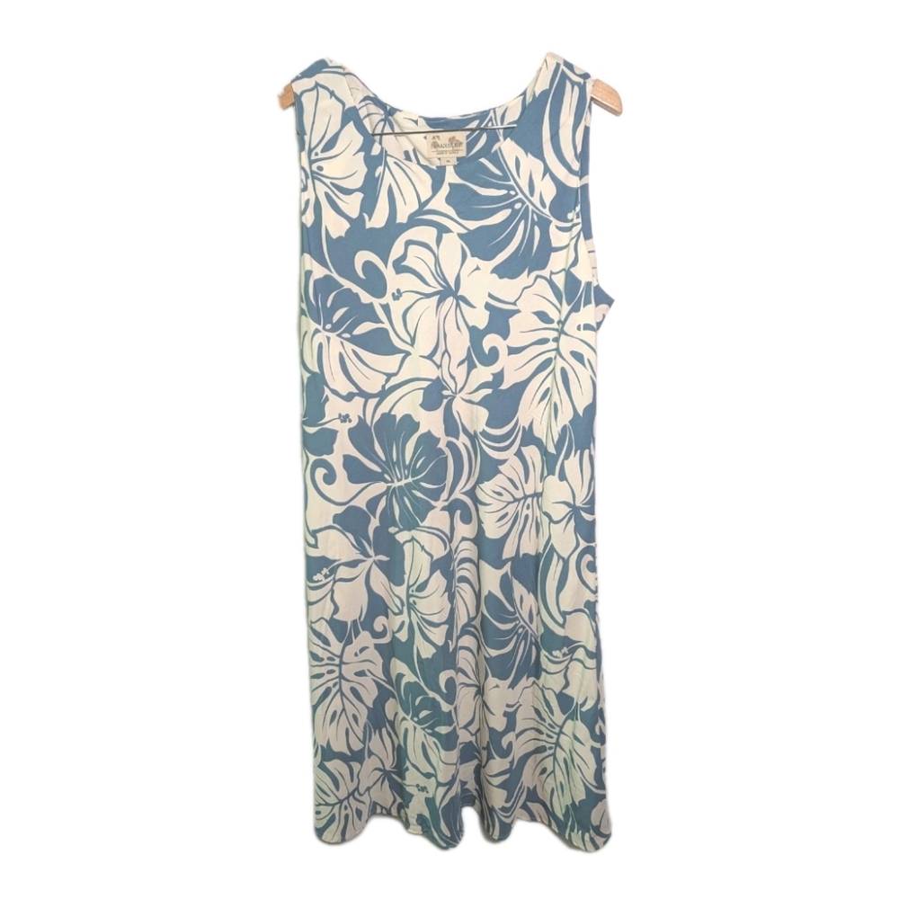 Paradise Bay Dress Size Large Blue Floral Palm Sleeveless Sheath Travel